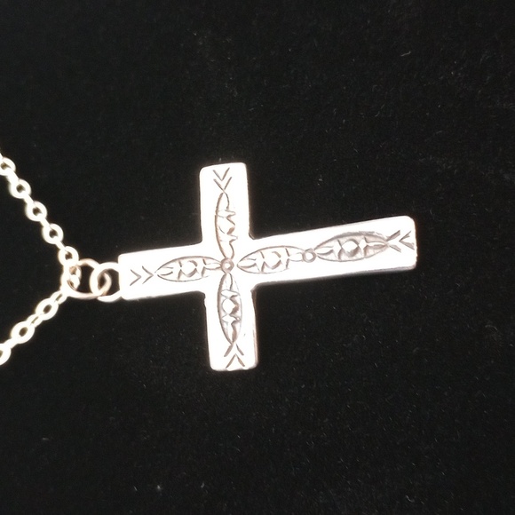 Sterling Silver Stamped Cross Pendant Necklace Signed - Picture 3 of 13